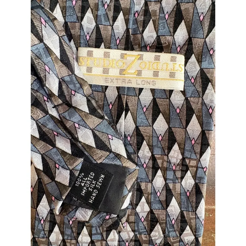 Studio Z Men’s 100% Silk Tie 62” Extra Long Geometric Gray Blue Black Pink